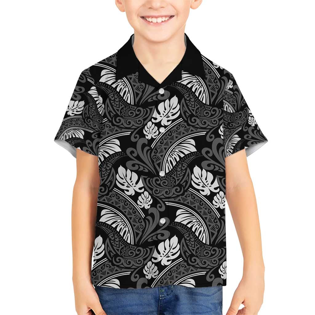Grayscale Monstera Family Matching Puletasi and Hawaiian Shirt Polynesian Tribal Pattern LT01 Son's Shirt Black - Polynesian Pride
