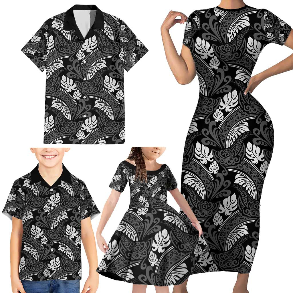 Grayscale Monstera Family Matching Short Sleeve Bodycon Dress and Hawaiian Shirt Polynesian Tribal Pattern - Polynesian Pride