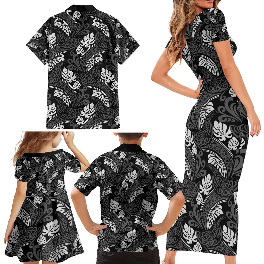 Grayscale Monstera Family Matching Short Sleeve Bodycon Dress and Hawaiian Shirt Polynesian Tribal Pattern - Polynesian Pride
