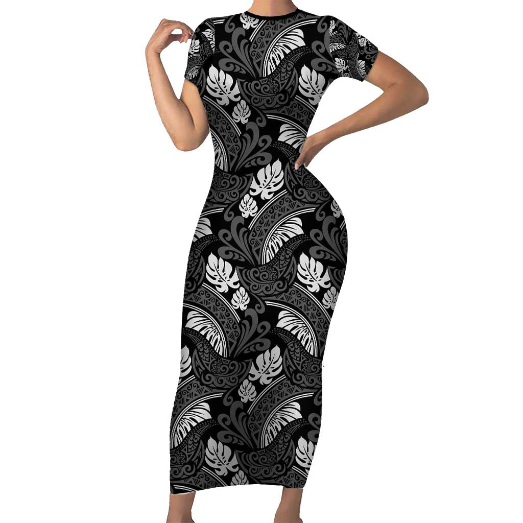 Grayscale Monstera Family Matching Short Sleeve Bodycon Dress and Hawaiian Shirt Polynesian Tribal Pattern - Polynesian Pride