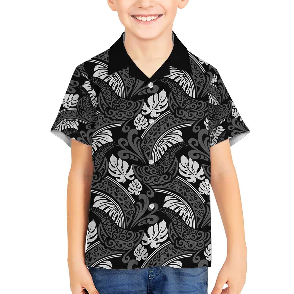 Grayscale Monstera Family Matching Short Sleeve Bodycon Dress and Hawaiian Shirt Polynesian Tribal Pattern - Polynesian Pride