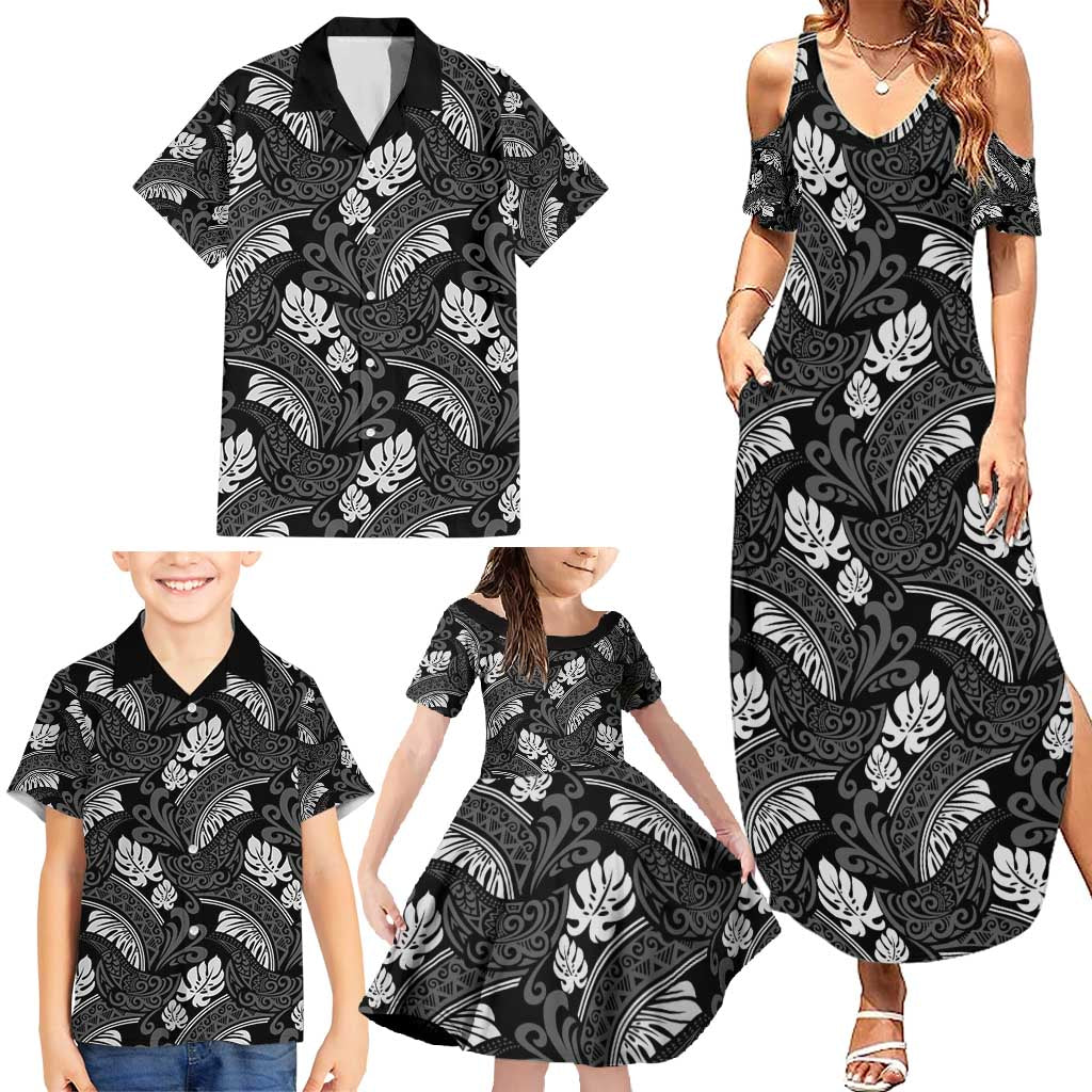Grayscale Monstera Family Matching Summer Maxi Dress and Hawaiian Shirt Polynesian Tribal Pattern - Polynesian Pride