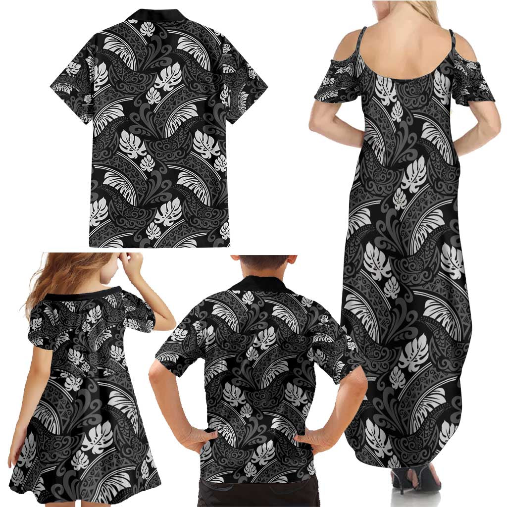 Grayscale Monstera Family Matching Summer Maxi Dress and Hawaiian Shirt Polynesian Tribal Pattern - Polynesian Pride