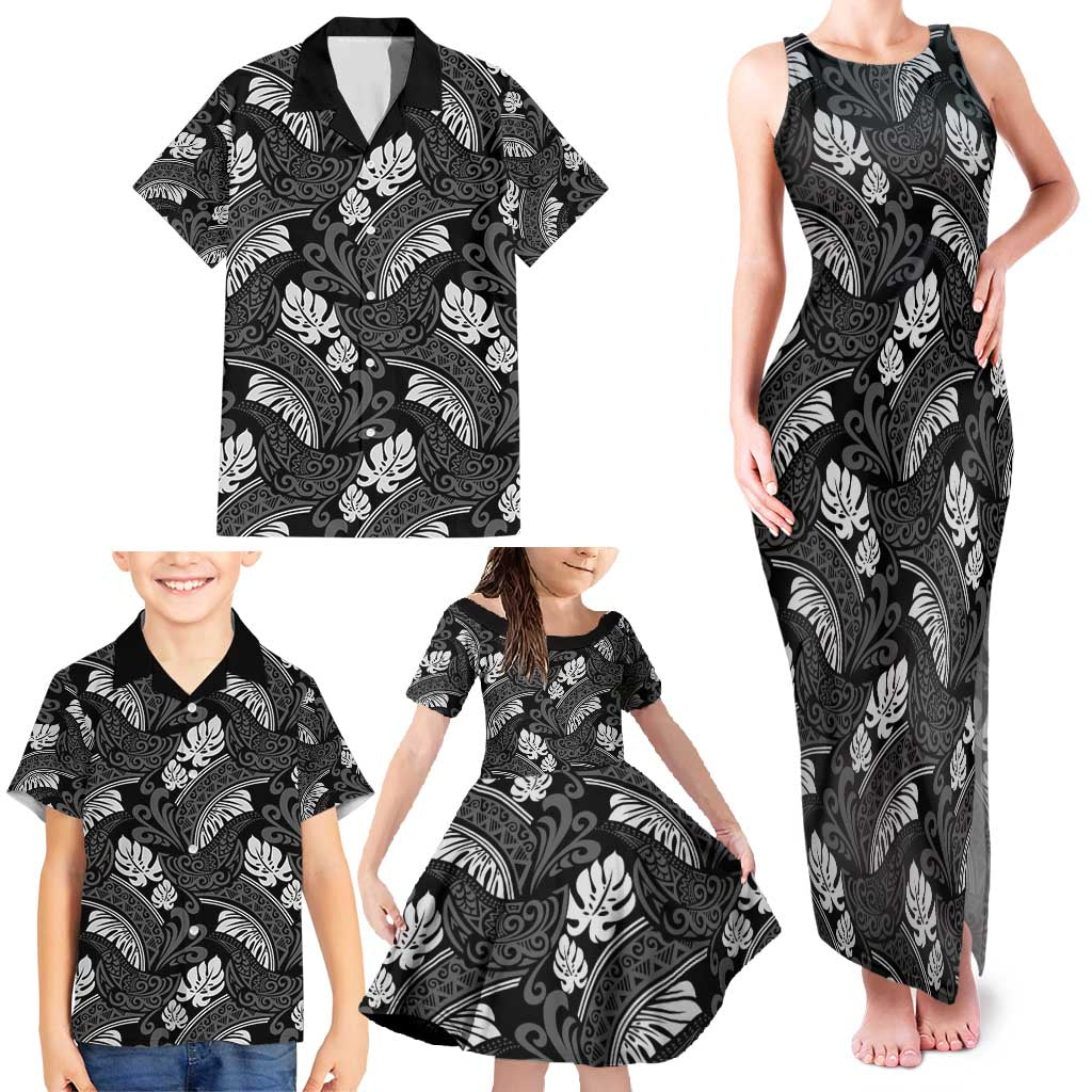 Grayscale Monstera Family Matching Tank Maxi Dress and Hawaiian Shirt Polynesian Tribal Pattern - Polynesian Pride
