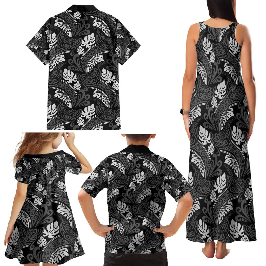 Grayscale Monstera Family Matching Tank Maxi Dress and Hawaiian Shirt Polynesian Tribal Pattern - Polynesian Pride