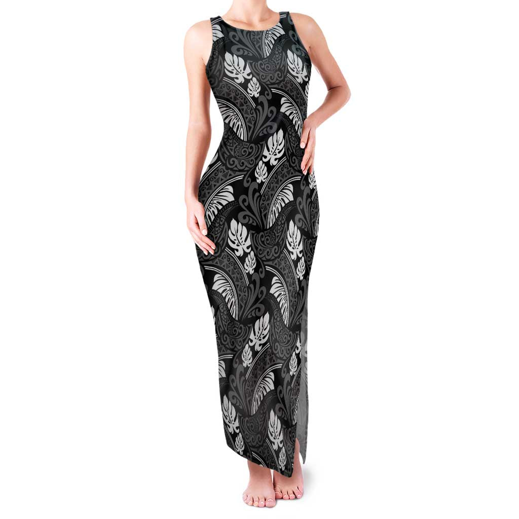 Grayscale Monstera Family Matching Tank Maxi Dress and Hawaiian Shirt Polynesian Tribal Pattern - Polynesian Pride