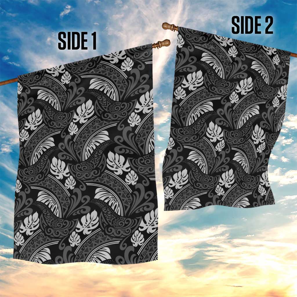 Grayscale Monstera Garden Flag Polynesian Tribal Pattern - Polynesian Pride
