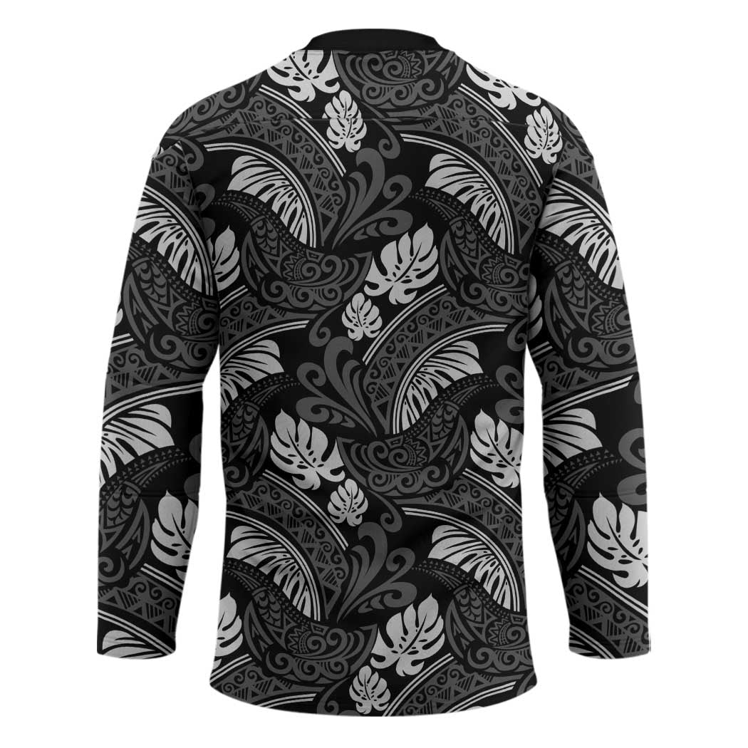 Grayscale Monstera Hockey Jersey Polynesian Tribal Pattern - Polynesian Pride