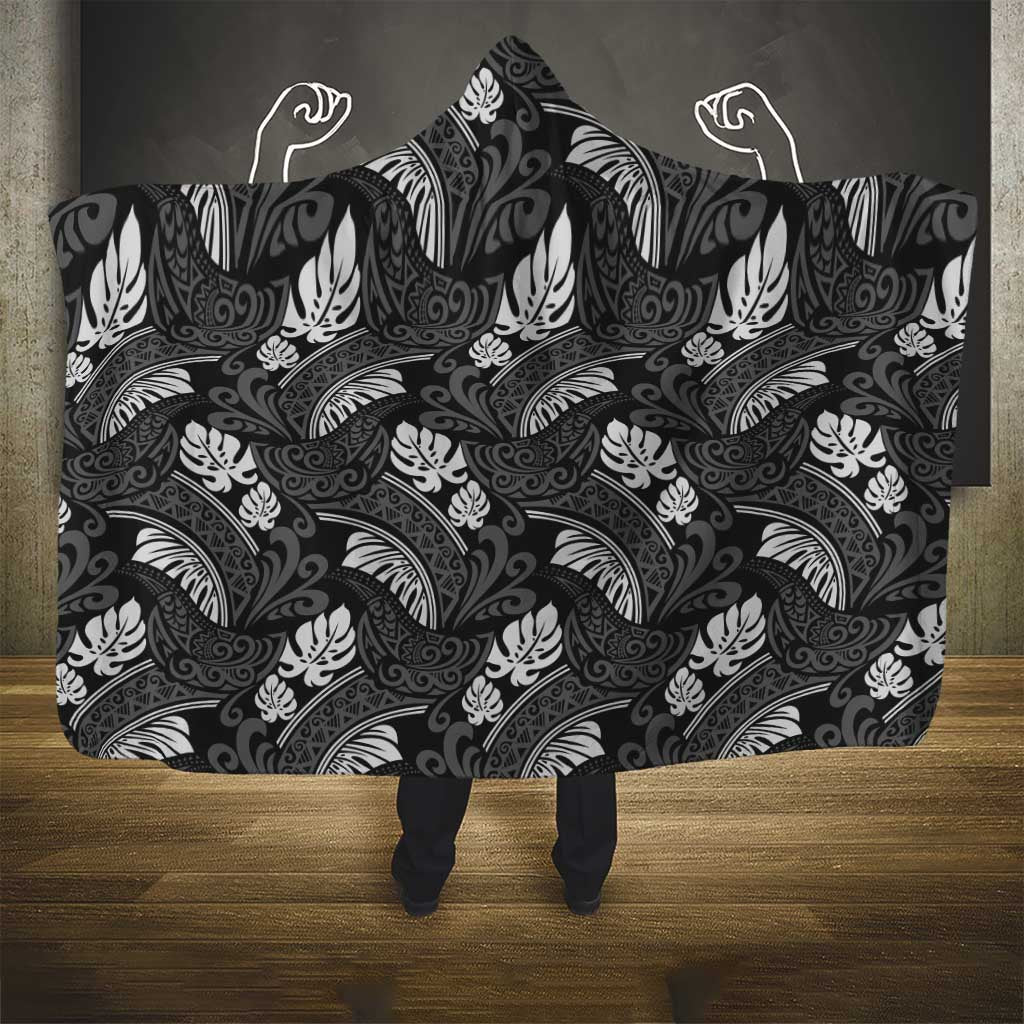 Grayscale Monstera Hooded Blanket Polynesian Tribal Pattern LT01 - Polynesian Pride