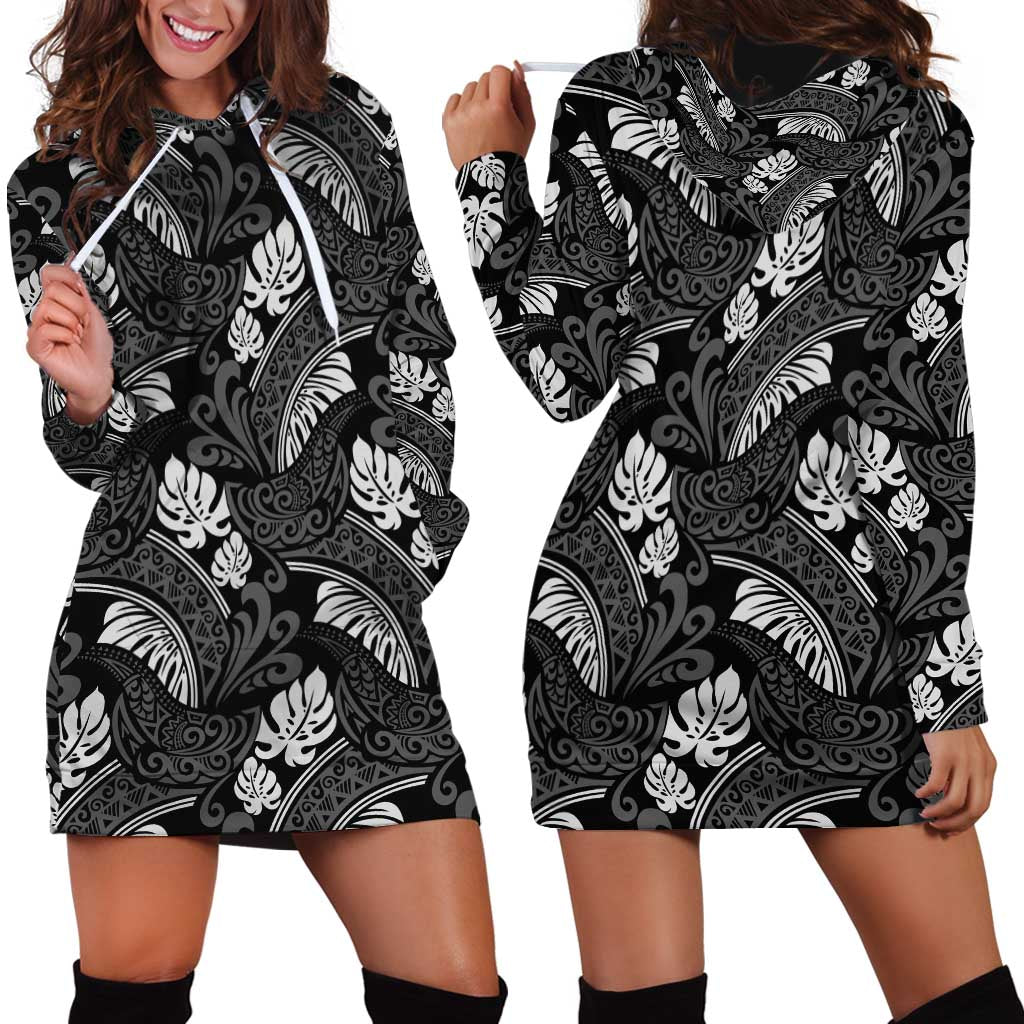 Grayscale Monstera Hoodie Dress Polynesian Tribal Pattern LT01 - Polynesian Pride