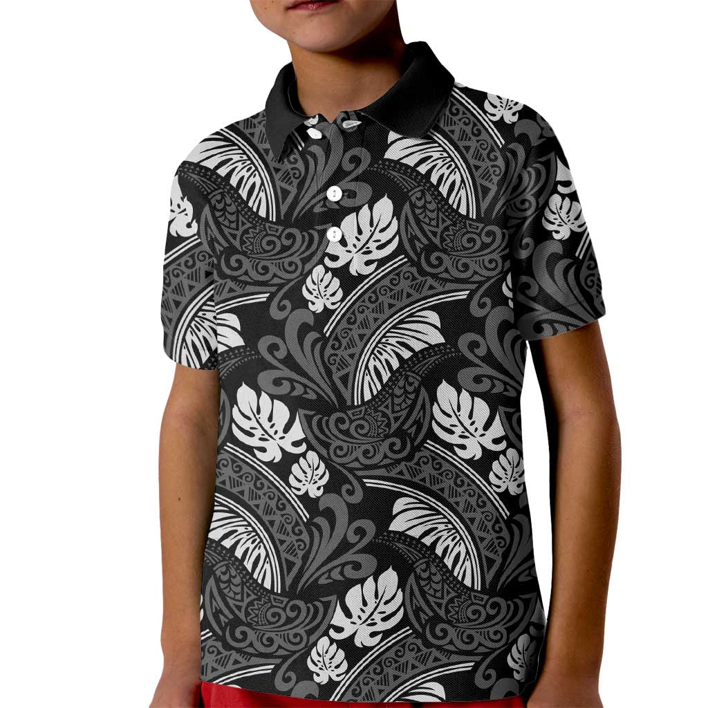 Grayscale Monstera Kid Polo Shirt Polynesian Tribal Pattern LT01 Kid Black - Polynesian Pride