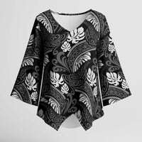 Grayscale Monstera Kimono Sleeve Blouse Polynesian Tribal Pattern LT01 Female Black - Polynesian Pride