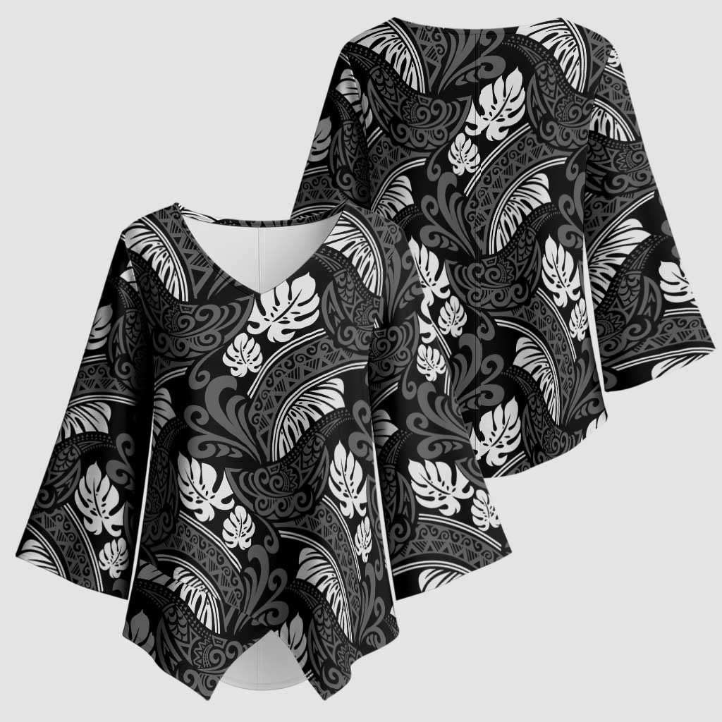 Grayscale Monstera Kimono Sleeve Blouse Polynesian Tribal Pattern LT01 - Polynesian Pride