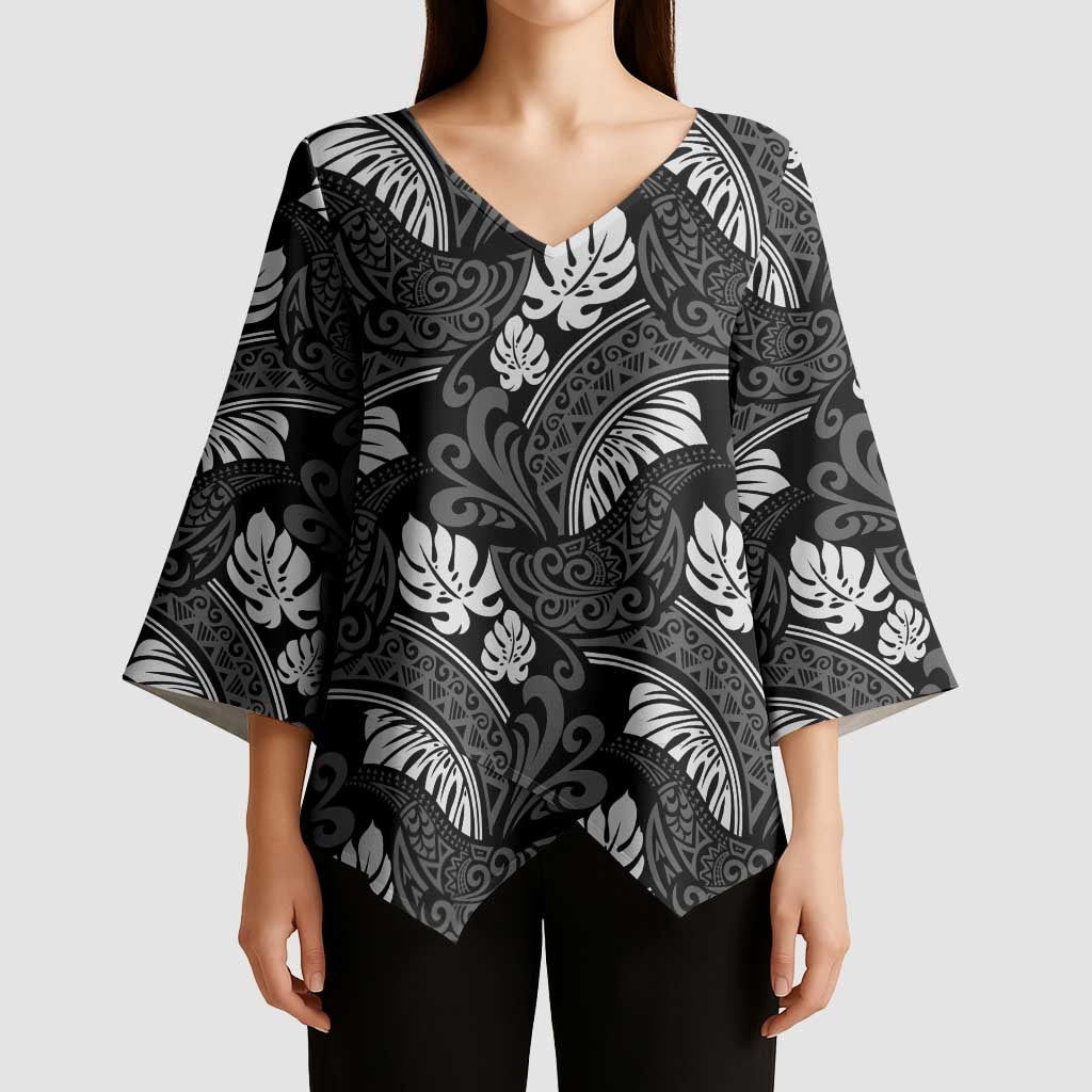 Grayscale Monstera Kimono Sleeve Blouse Polynesian Tribal Pattern LT01 - Polynesian Pride