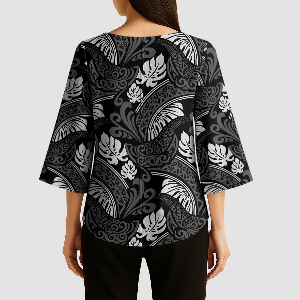 Grayscale Monstera Kimono Sleeve Blouse Polynesian Tribal Pattern LT01 - Polynesian Pride