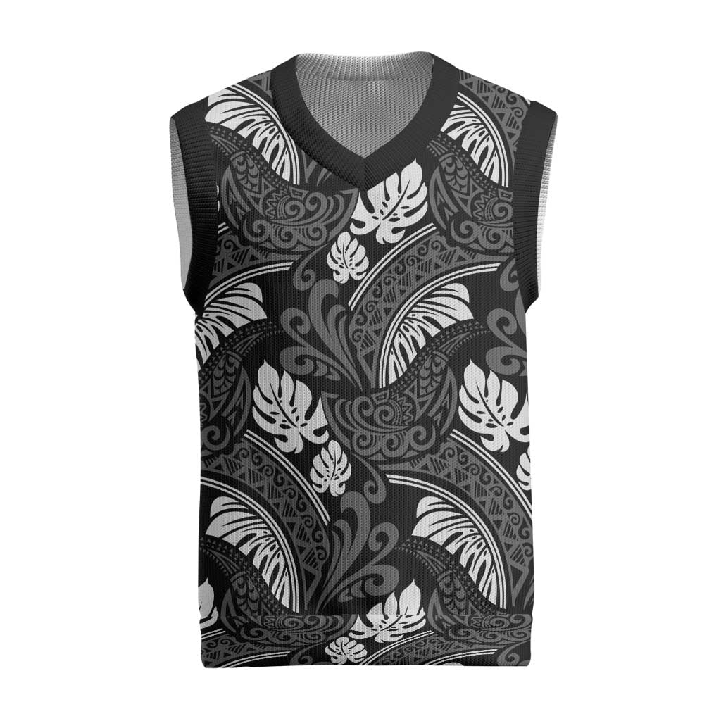 Grayscale Monstera Christmas Knitted V-Neck Vest Polynesian Tribal Pattern LT01 Black - Polynesian Pride