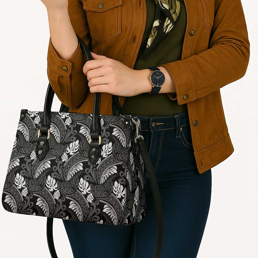 Grayscale Monstera Leather Bag Polynesian Tribal Pattern - Polynesian Pride