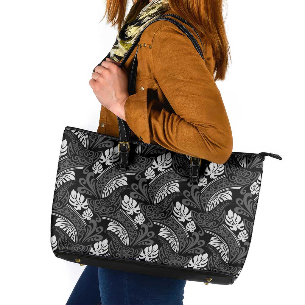 Grayscale Monstera Leather Tote Bag Polynesian Tribal Pattern - Polynesian Pride