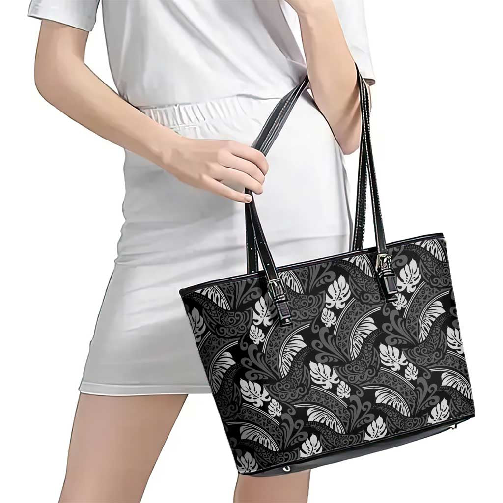 Grayscale Monstera Leather Tote Bag Polynesian Tribal Pattern - Polynesian Pride