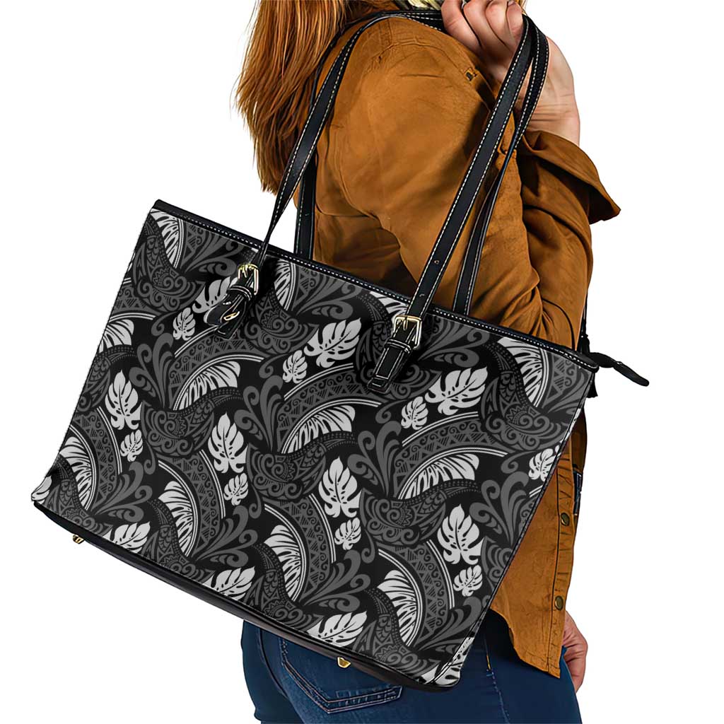 Grayscale Monstera Leather Tote Bag Polynesian Tribal Pattern - Polynesian Pride