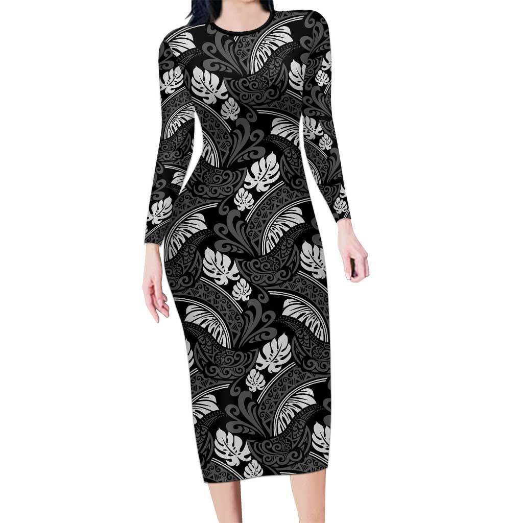 Grayscale Monstera Long Sleeve Bodycon Dress Polynesian Tribal Pattern - Polynesian Pride