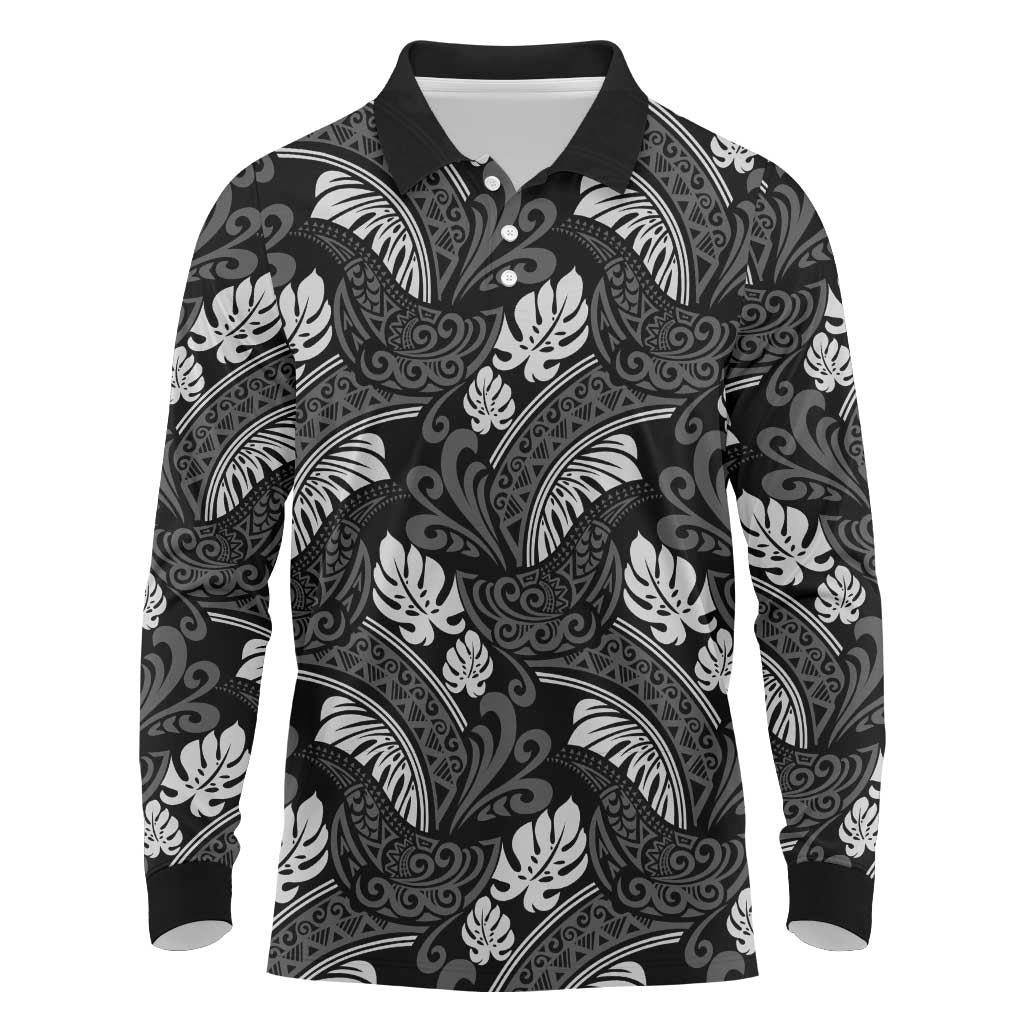Grayscale Monstera Long Sleeve Polo Shirt Polynesian Tribal Pattern LT01 Black - Polynesian Pride