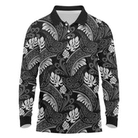 Grayscale Monstera Long Sleeve Polo Shirt Polynesian Tribal Pattern LT01 Black - Polynesian Pride