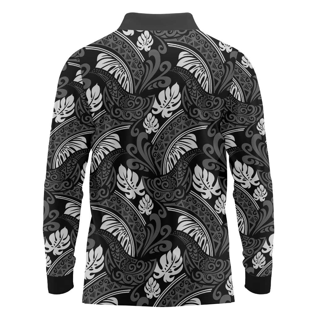 Grayscale Monstera Long Sleeve Polo Shirt Polynesian Tribal Pattern LT01 - Polynesian Pride