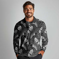 Grayscale Monstera Long Sleeve Polo Shirt Polynesian Tribal Pattern LT01 - Polynesian Pride
