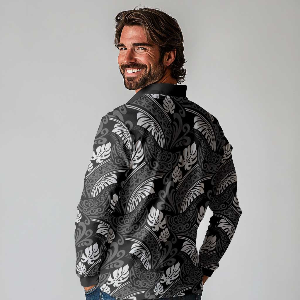Grayscale Monstera Long Sleeve Polo Shirt Polynesian Tribal Pattern LT01 - Polynesian Pride