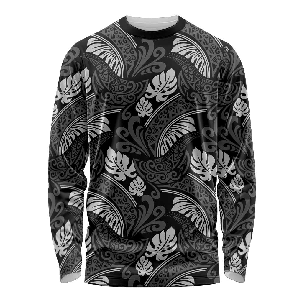Grayscale Monstera Long Sleeve Shirt Polynesian Tribal Pattern LT01 Unisex Black - Polynesian Pride