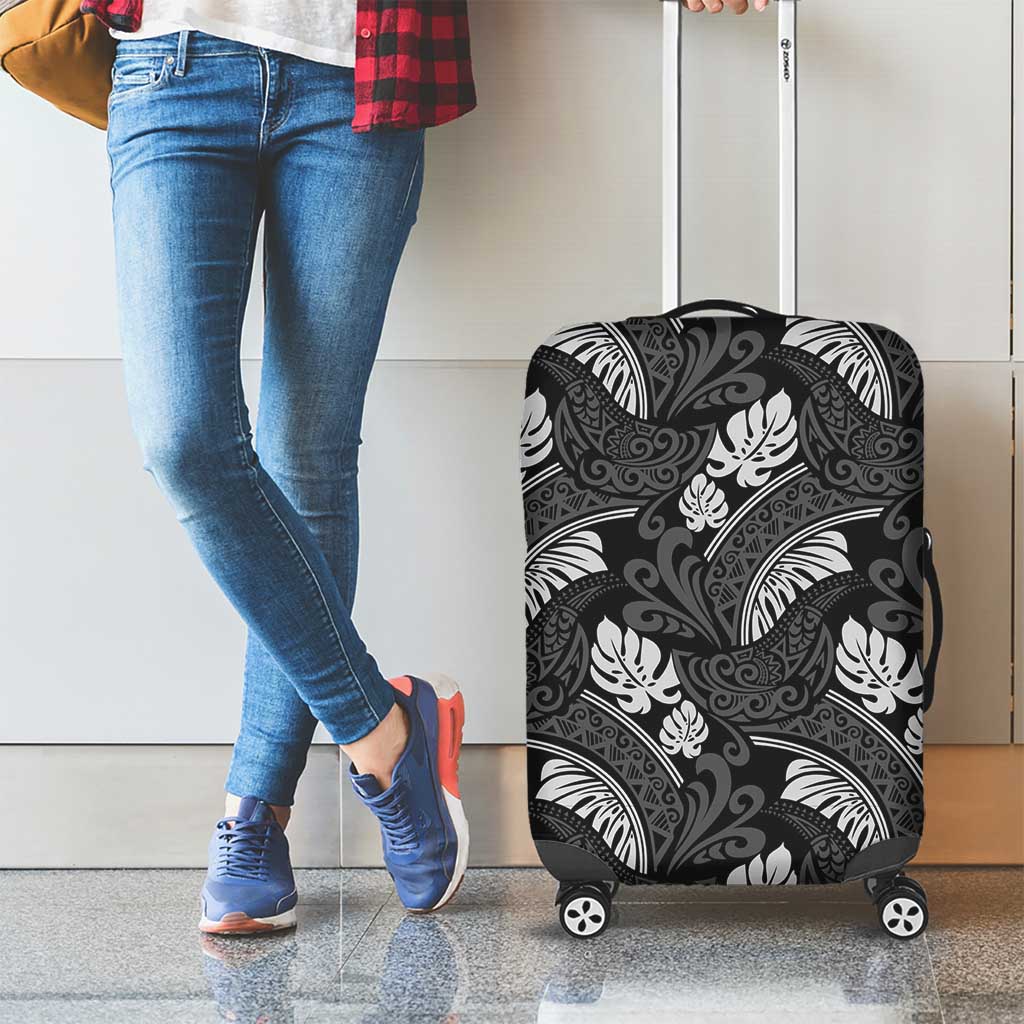 Grayscale Monstera Luggage Cover Polynesian Tribal Pattern - Polynesian Pride