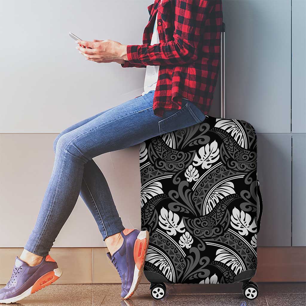Grayscale Monstera Luggage Cover Polynesian Tribal Pattern - Polynesian Pride