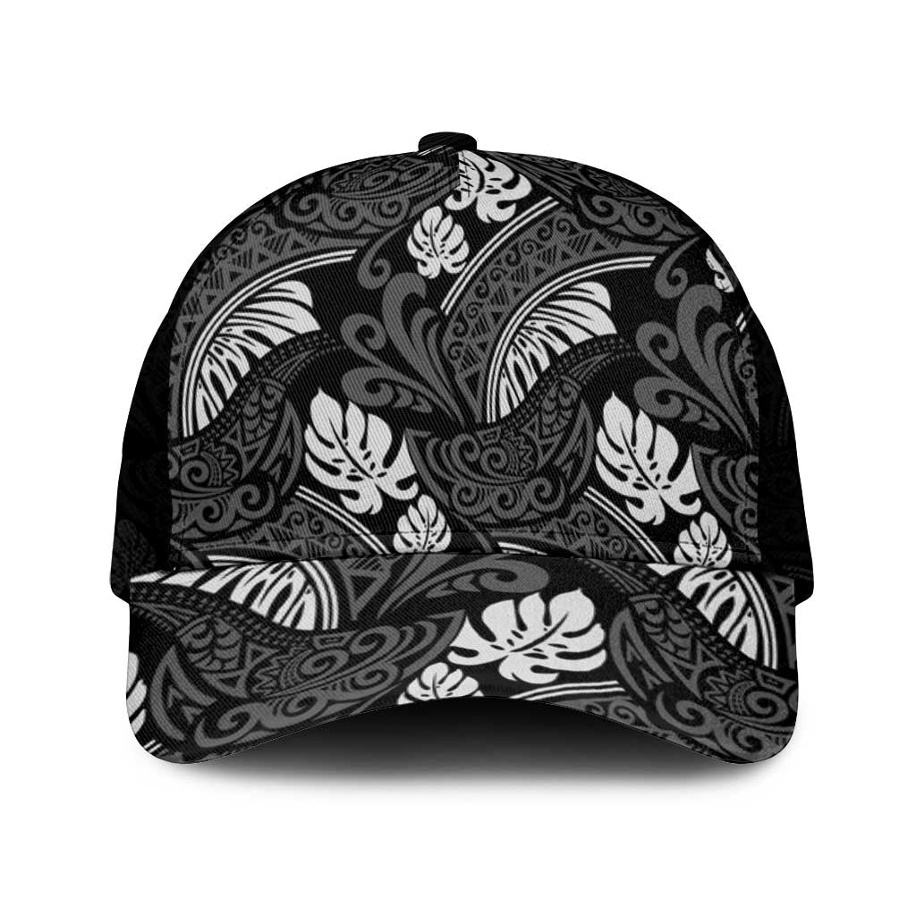 Grayscale Monstera Mesh Trucker Cap Polynesian Tribal Pattern - Polynesian Pride