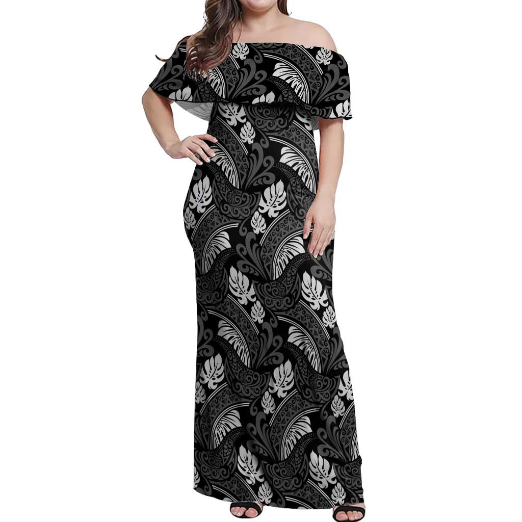 Grayscale Monstera Off Shoulder Maxi Dress Polynesian Tribal Pattern LT01 Women Black - Polynesian Pride