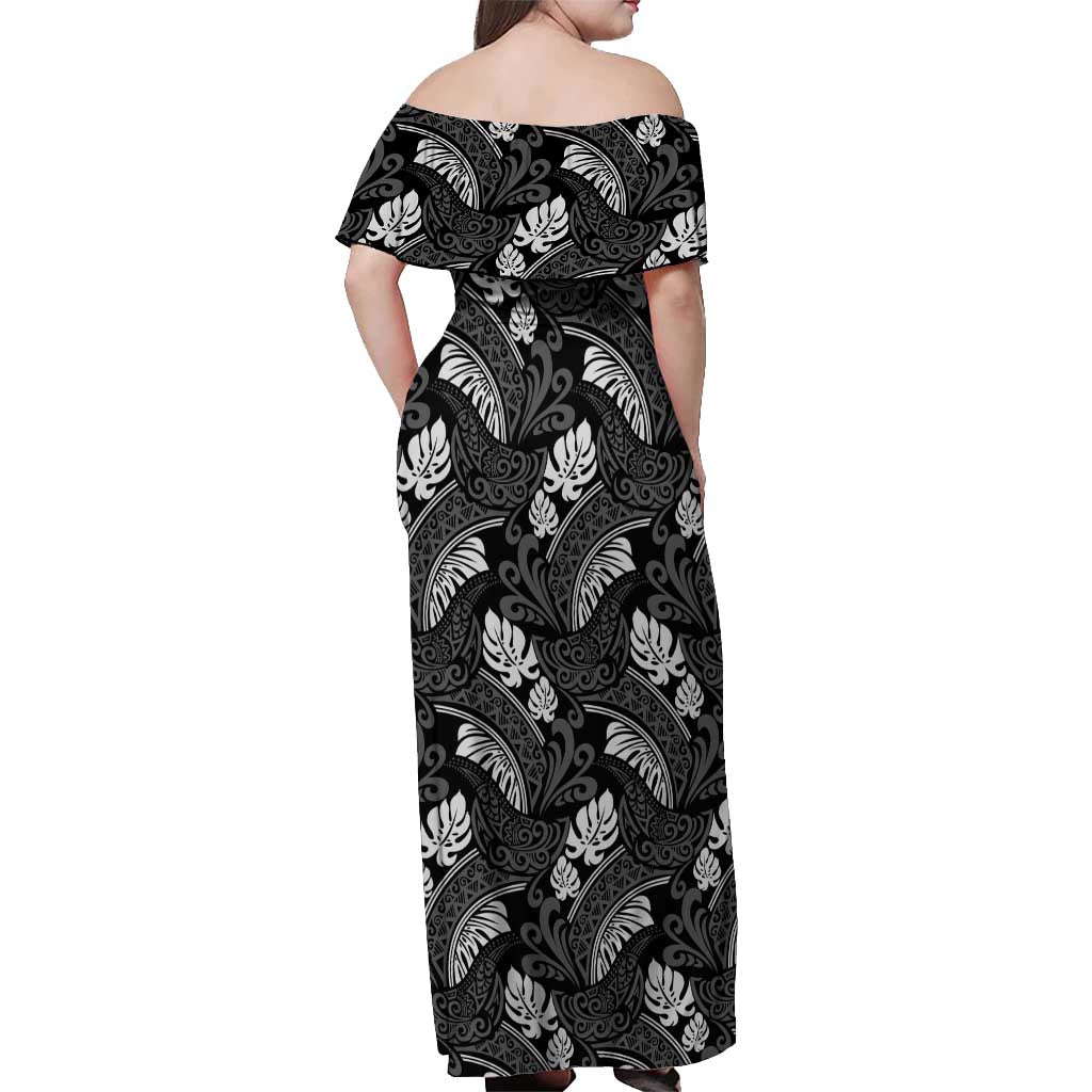 Grayscale Monstera Off Shoulder Maxi Dress Polynesian Tribal Pattern LT01 - Polynesian Pride