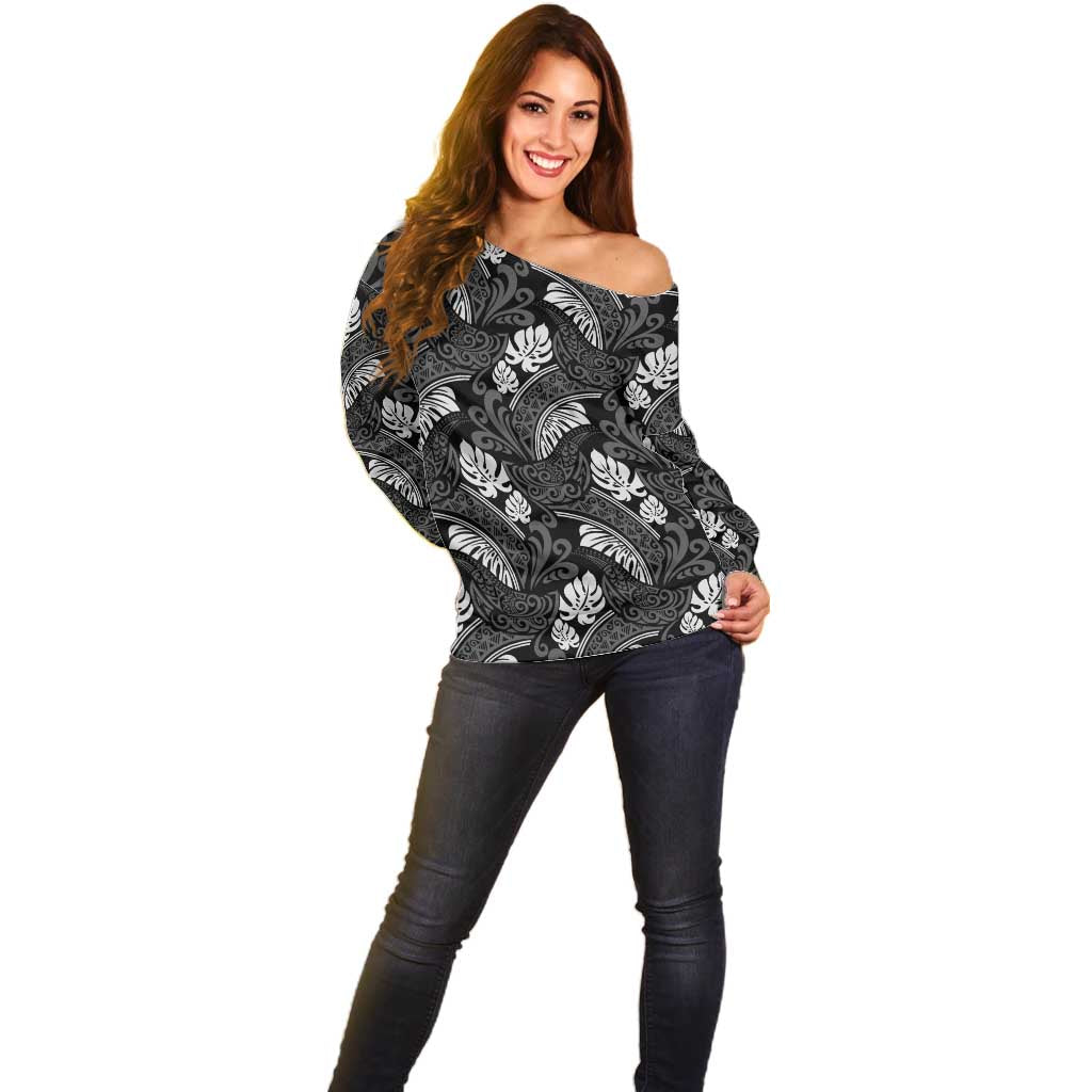 Grayscale Monstera Off Shoulder Sweater Polynesian Tribal Pattern - Polynesian Pride