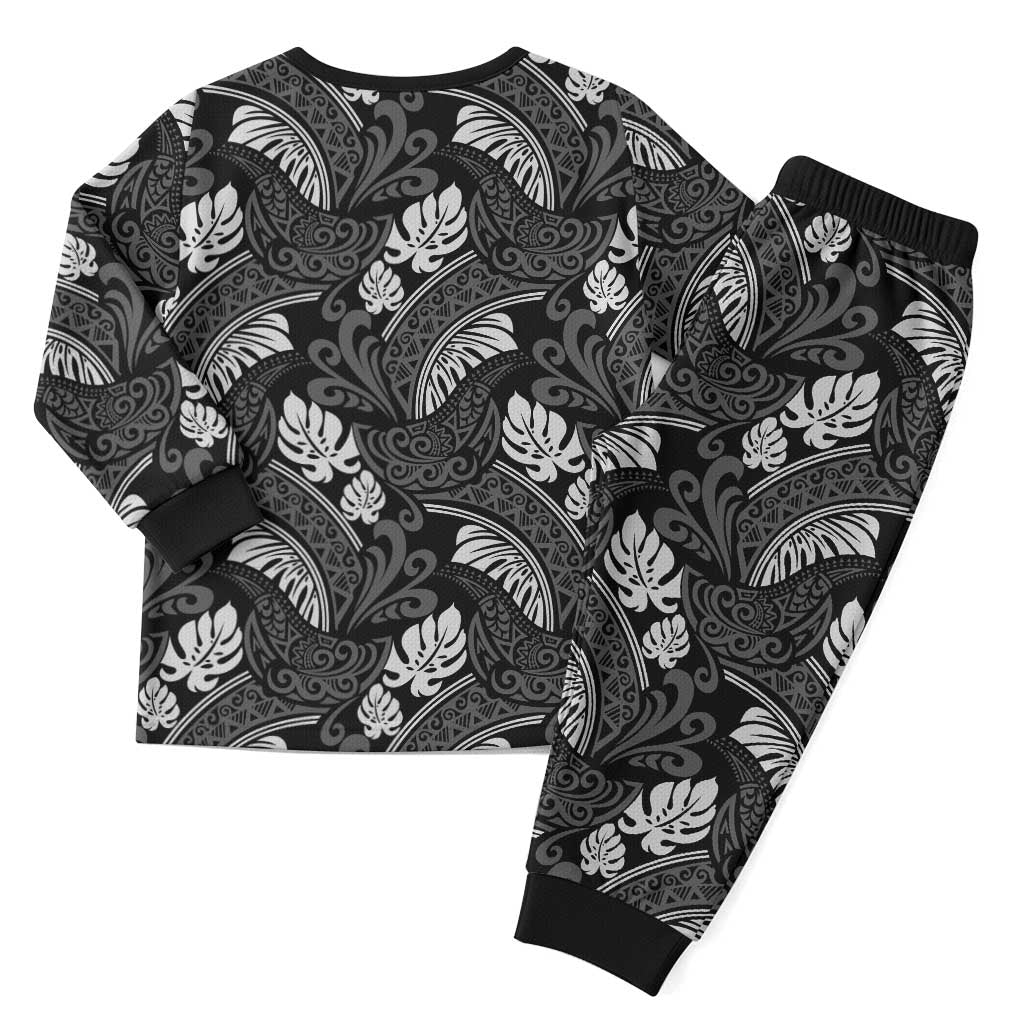 Grayscale Monstera Christmas Pajama Set Polynesian Tribal Pattern LT01 - Polynesian Pride