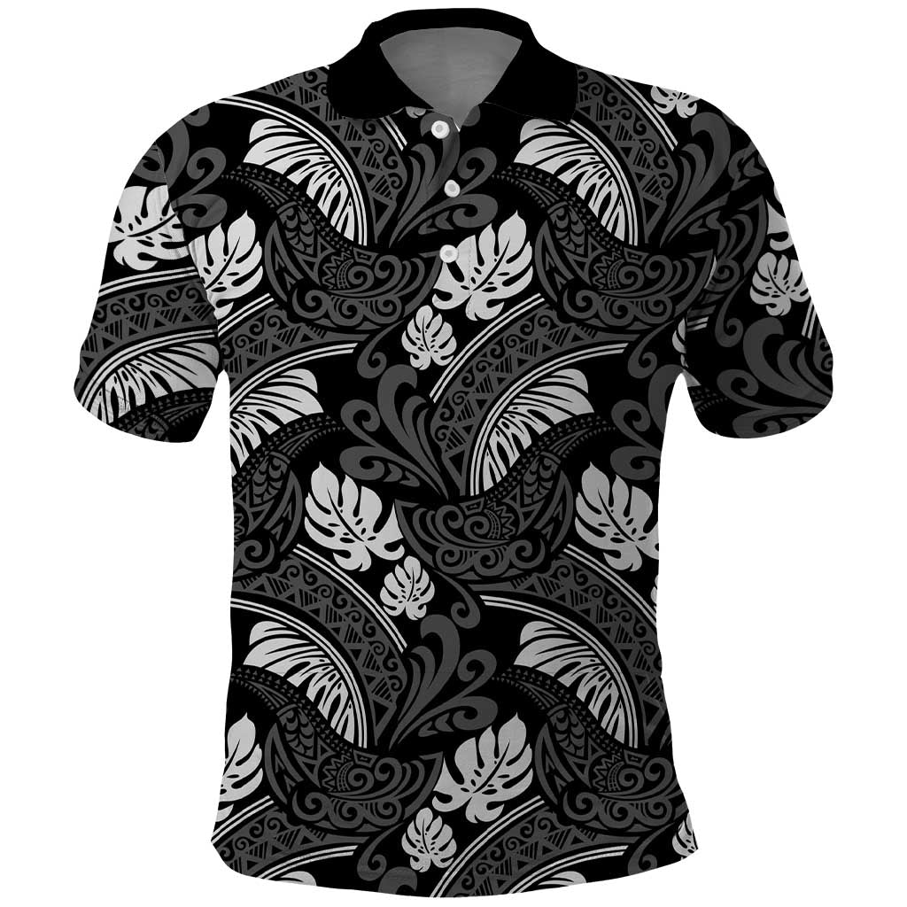 Grayscale Monstera Polo Shirt Polynesian Tribal Pattern LT01 Black - Polynesian Pride