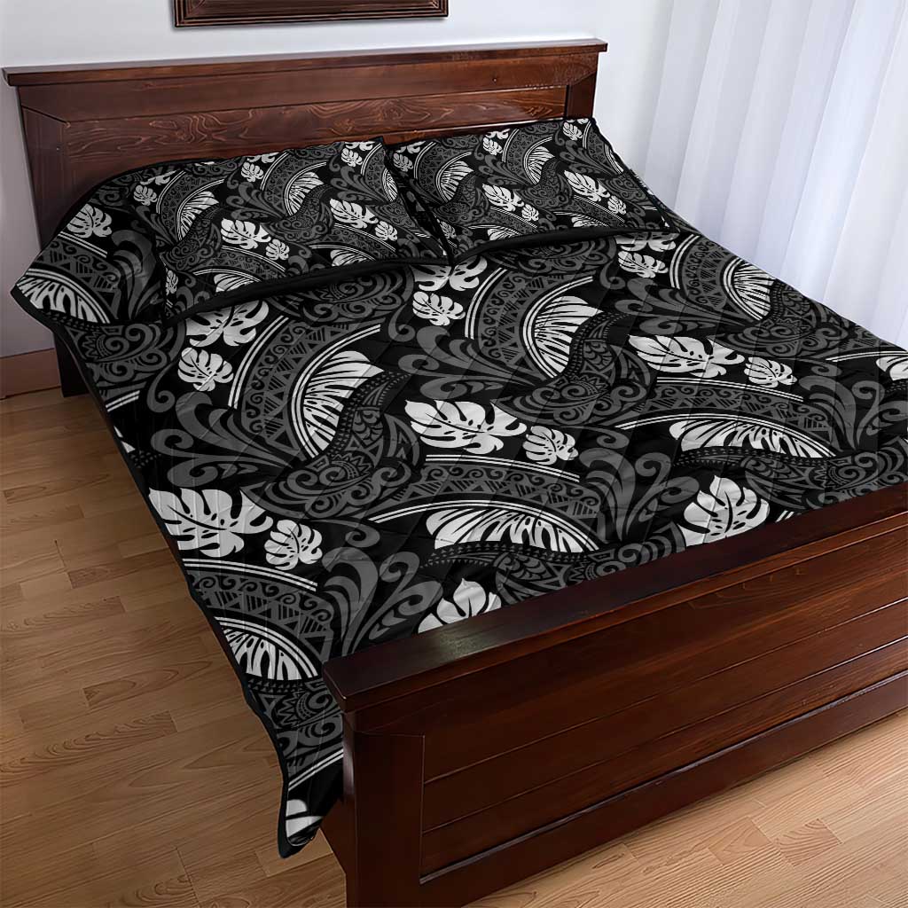 Grayscale Monstera Quilt Bed Set Polynesian Tribal Pattern - Polynesian Pride