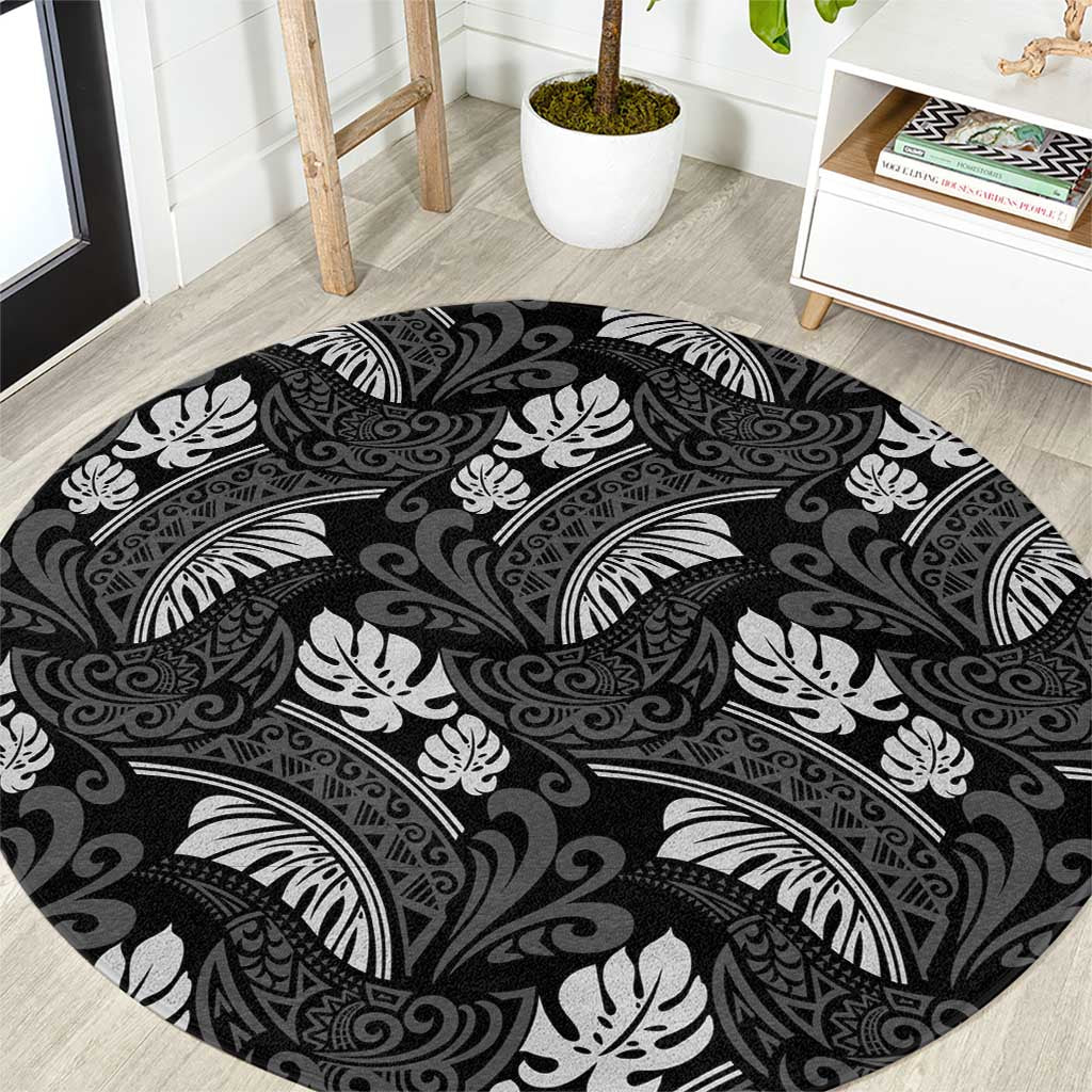 Grayscale Monstera Round Carpet Polynesian Tribal Pattern - Polynesian Pride
