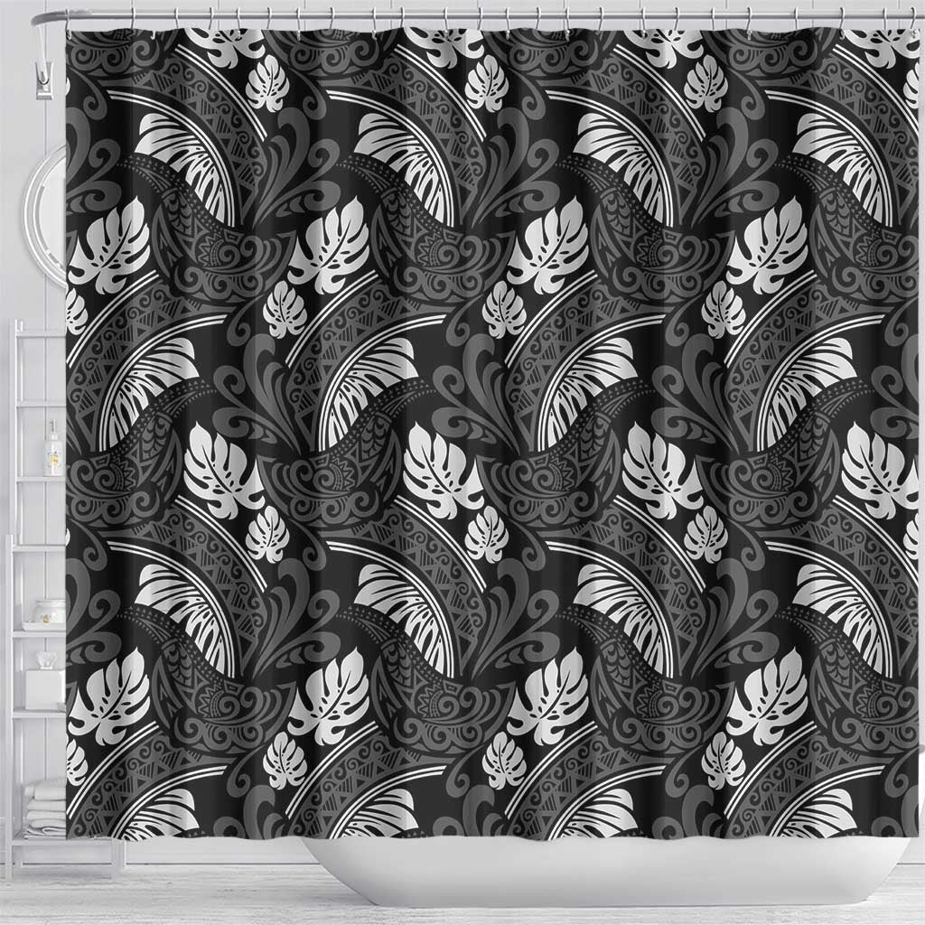 Grayscale Monstera Shower Curtain Polynesian Tribal Pattern - Polynesian Pride