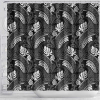 Grayscale Monstera Shower Curtain Polynesian Tribal Pattern - Polynesian Pride