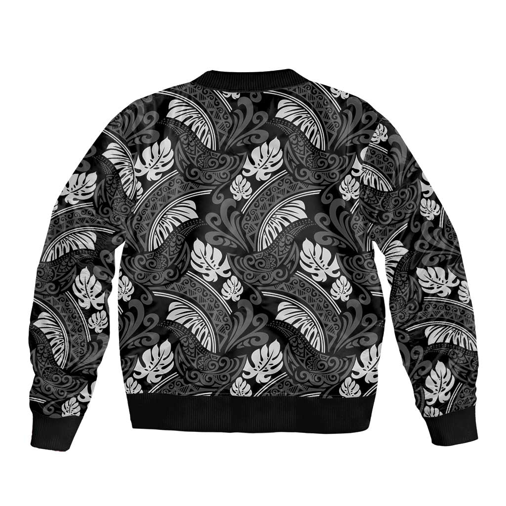Grayscale Monstera Sleeve Zip Bomber Jacket Polynesian Tribal Pattern - Polynesian Pride