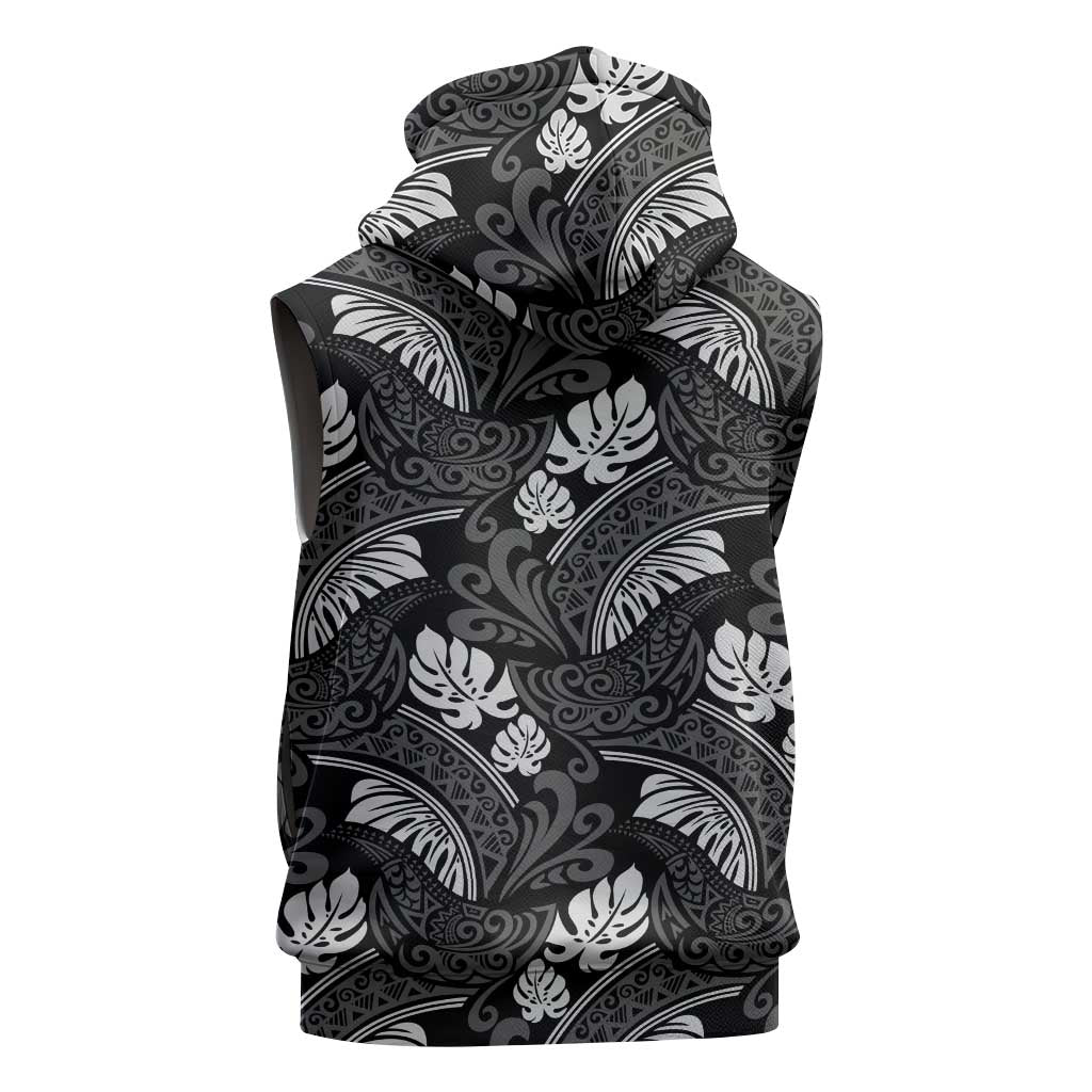 Grayscale Monstera Sleeveless Hoodie Polynesian Tribal Pattern - Polynesian Pride