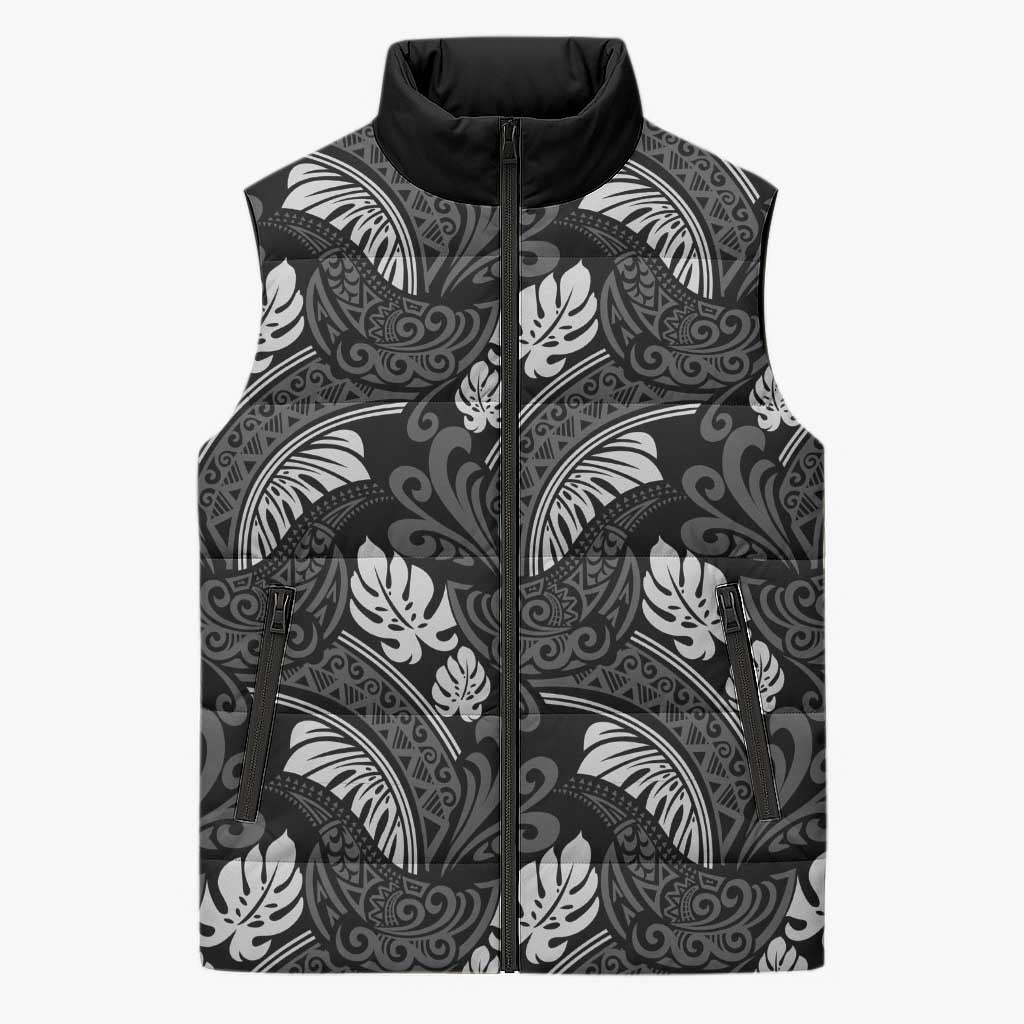 Grayscale Monstera Sleeveless Puffer Jacket Polynesian Tribal Pattern LT01 Unisex Black - Polynesian Pride