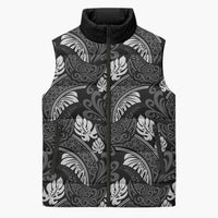 Grayscale Monstera Sleeveless Puffer Jacket Polynesian Tribal Pattern LT01 Unisex Black - Polynesian Pride