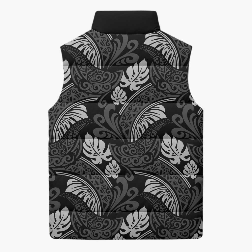 Grayscale Monstera Sleeveless Puffer Jacket Polynesian Tribal Pattern LT01 - Polynesian Pride