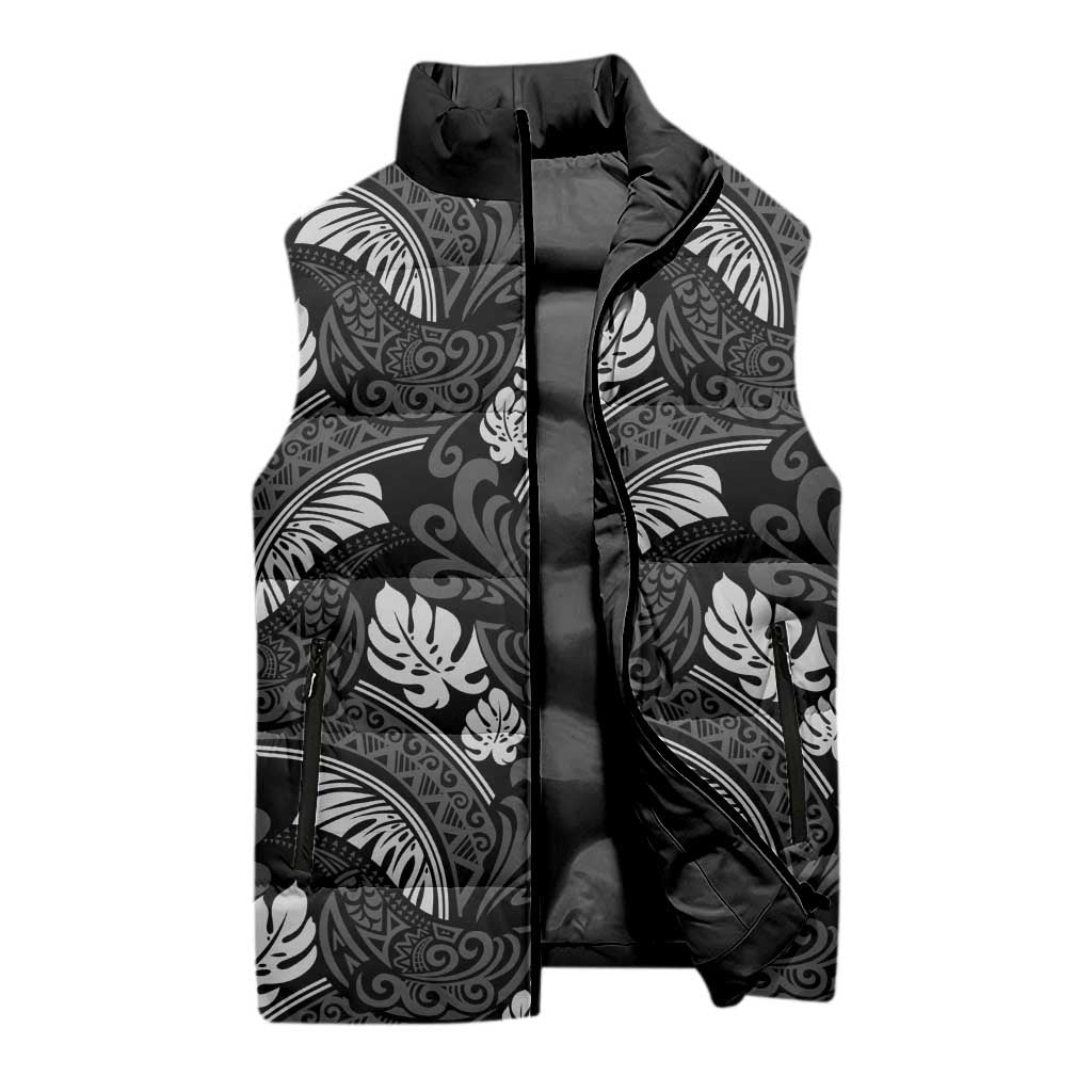 Grayscale Monstera Sleeveless Puffer Jacket Polynesian Tribal Pattern LT01 - Polynesian Pride