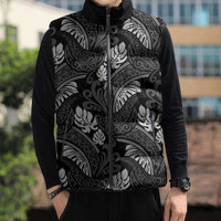 Grayscale Monstera Sleeveless Puffer Jacket Polynesian Tribal Pattern LT01 - Polynesian Pride